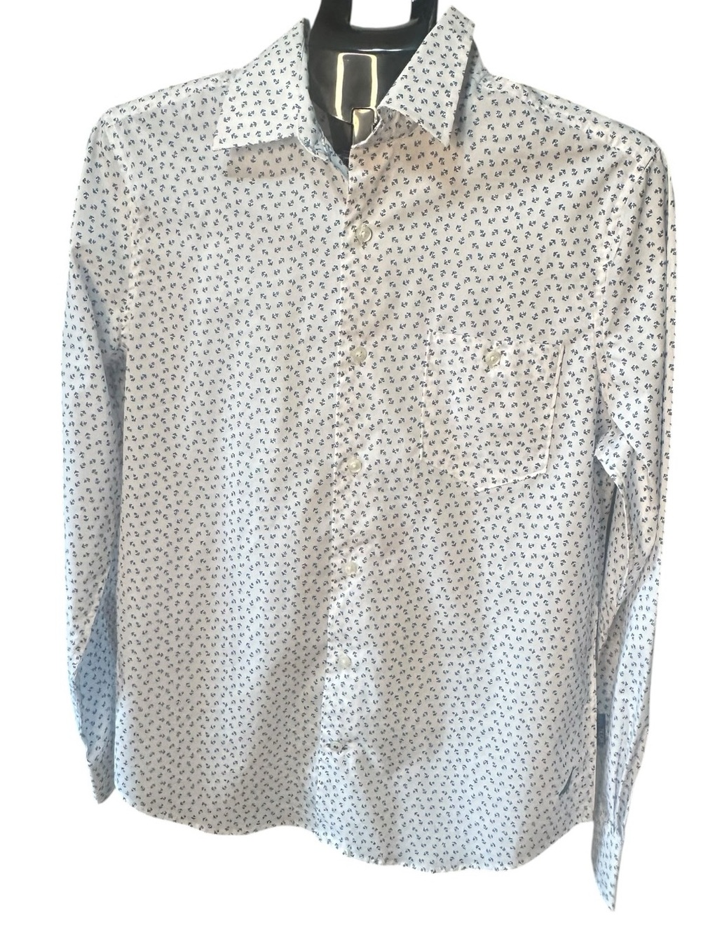 Nautica Navtech Men’s Small Button Down Shirt White Blue Anchor Print Stretch